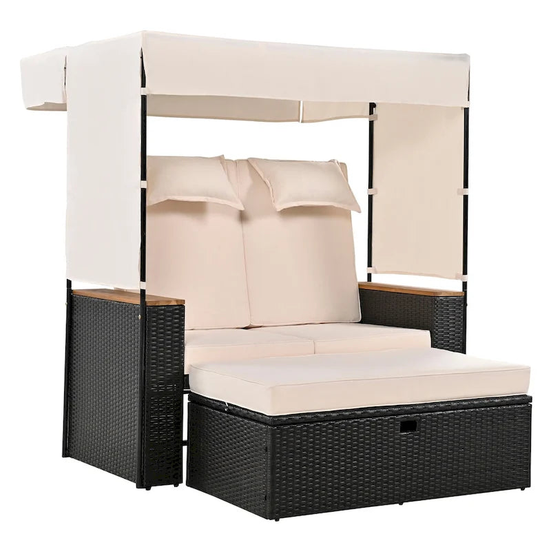 2-Piece Rattan Daybed with Canopy for 2 People Storage Bench Recliner