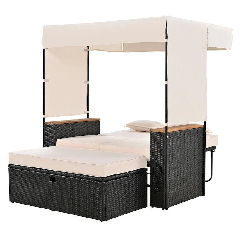 2-Piece Rattan Daybed with Canopy for 2 People Storage Bench Recliner
