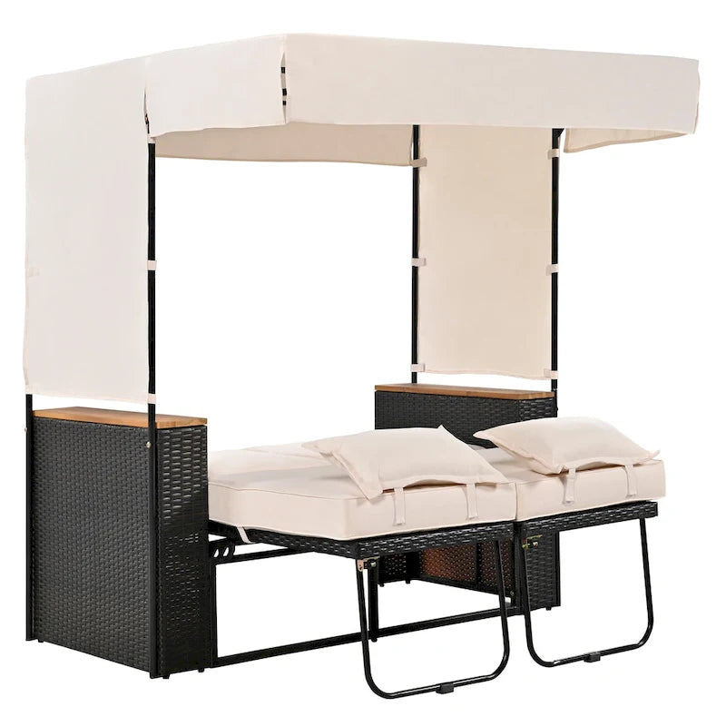 2-Piece Rattan Daybed with Canopy for 2 People Storage Bench Recliner