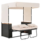 2-Piece Rattan Daybed with Canopy for 2 People Storage Bench Recliner