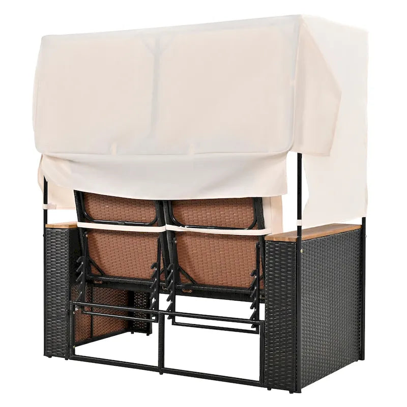 2-Piece Rattan Daybed with Canopy for 2 People Storage Bench Recliner