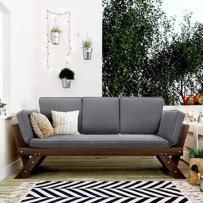 Acacia Wood Expandable Daybed with Cushions 3-Position Adjustable for 3 People