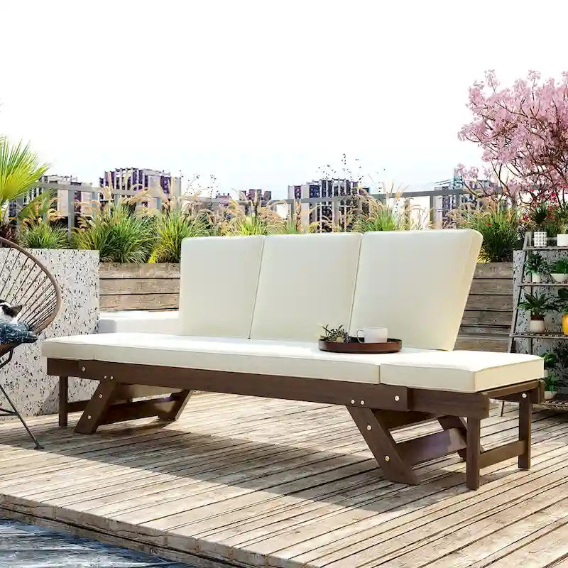 Acacia Wood Expandable Daybed with Cushions 3-Position Adjustable for 3 People