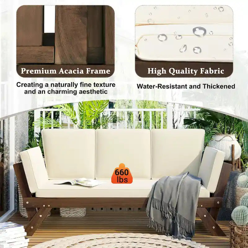 Acacia Wood Expandable Daybed with Cushions 3-Position Adjustable for 3 People