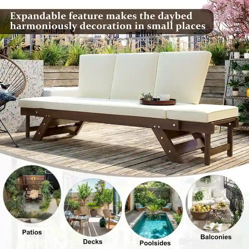 Acacia Wood Expandable Daybed with Cushions 3-Position Adjustable for 3 People