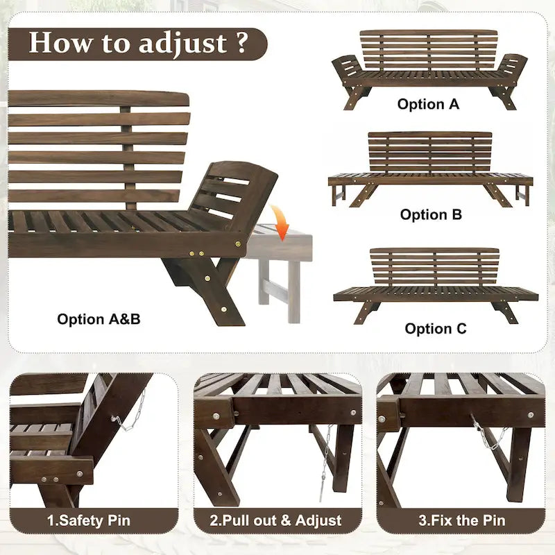 Acacia Wood Expandable Daybed with Cushions 3-Position Adjustable for 3 People