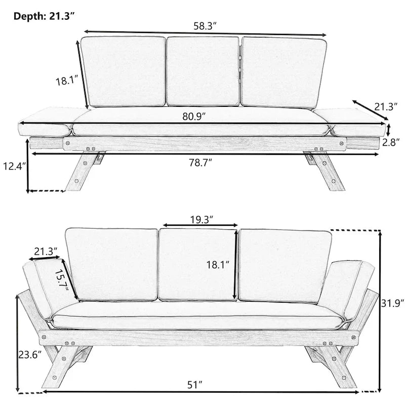 Acacia Wood Expandable Daybed with Cushions 3-Position Adjustable for 3 People