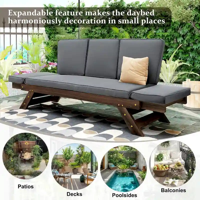 Acacia Wood Expandable Daybed with Cushions 3-Position Adjustable for 3 People