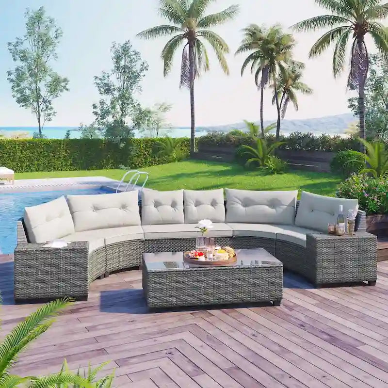 8-Piece PE Wicker Curved Sectional Set Half-Moon Shape with Tables