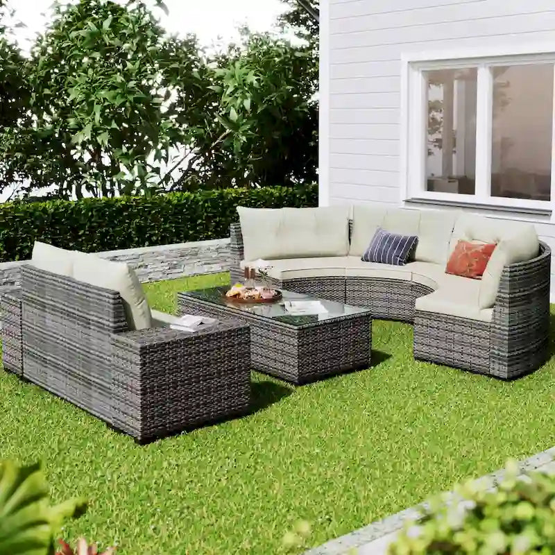 8-Piece PE Wicker Curved Sectional Set Half-Moon Shape with Tables