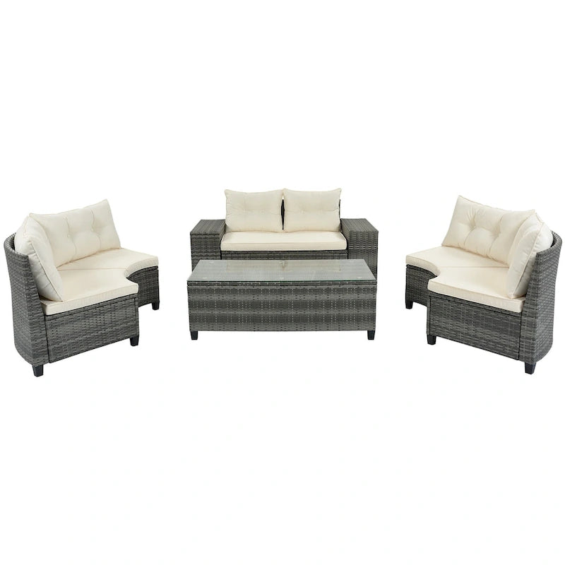 8-Piece PE Wicker Curved Sectional Set Half-Moon Shape with Tables
