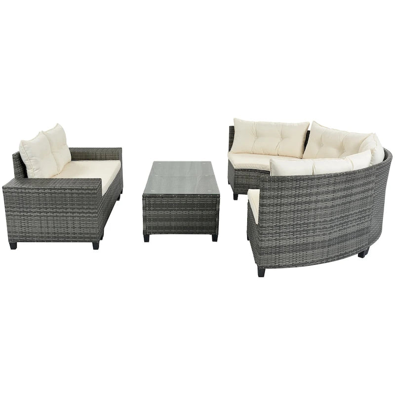 8-Piece PE Wicker Curved Sectional Set Half-Moon Shape with Tables