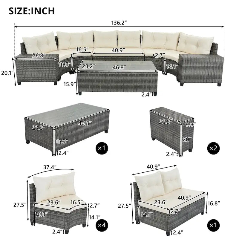 8-Piece PE Wicker Curved Sectional Set Half-Moon Shape with Tables