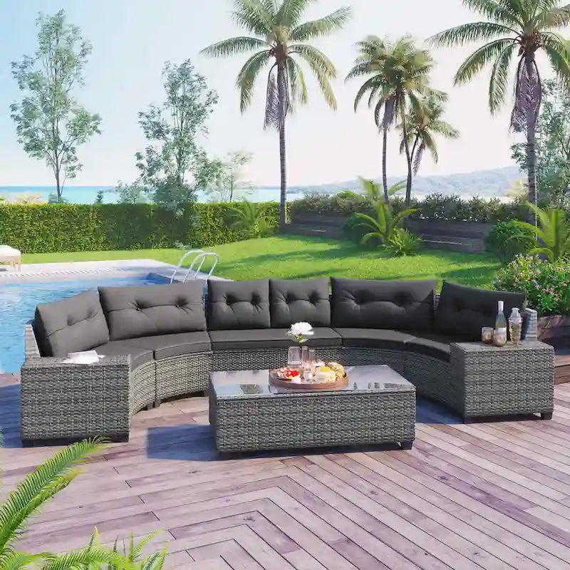 8-Piece PE Wicker Curved Sectional Set Half-Moon Shape with Tables
