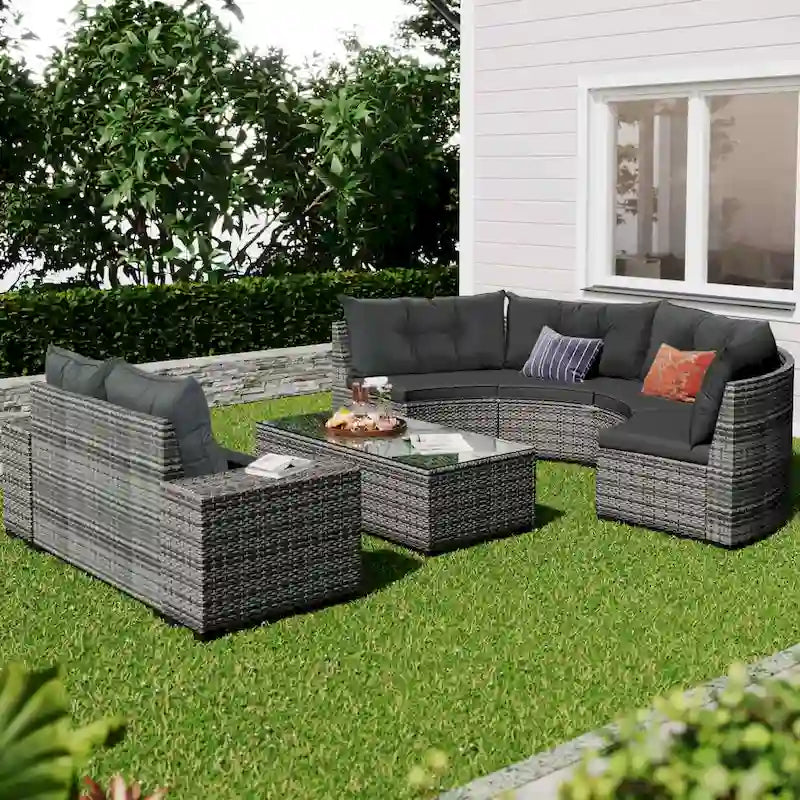 8-Piece PE Wicker Curved Sectional Set Half-Moon Shape with Tables