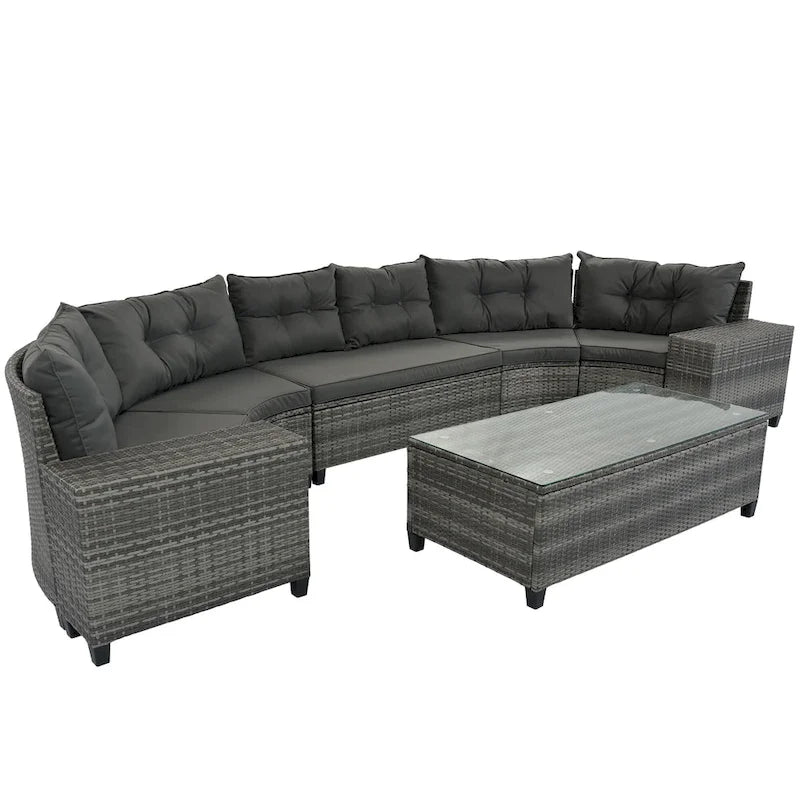 8-Piece PE Wicker Curved Sectional Set Half-Moon Shape with Tables