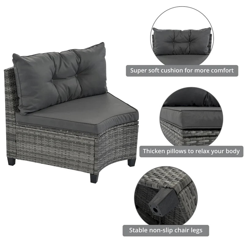 8-Piece PE Wicker Curved Sectional Set Half-Moon Shape with Tables