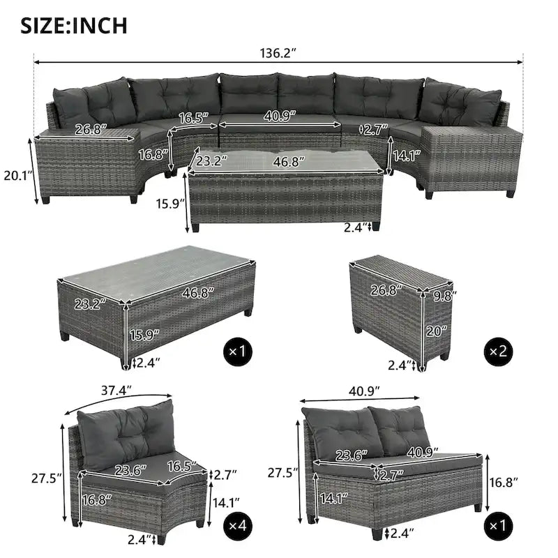 8-Piece PE Wicker Curved Sectional Set Half-Moon Shape with Tables