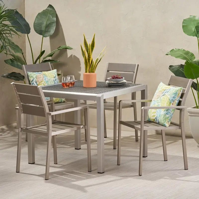 5-Piece Aluminum Patio Dining Set Silver 4 Armchairs 1 Square Table