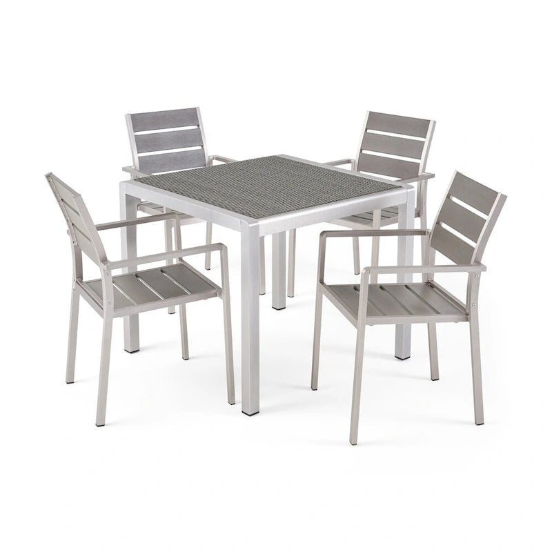 5-Piece Aluminum Patio Dining Set Silver 4 Armchairs 1 Square Table