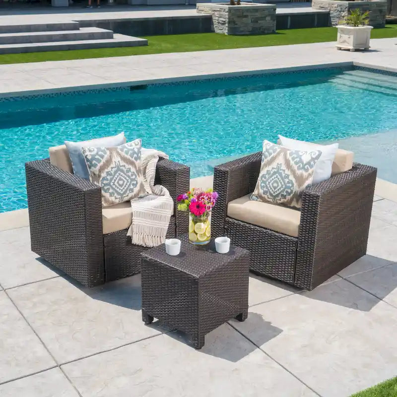 3-Piece Wicker Swivel Chat Set 2 Club Chairs 1 Table with Cushions for 2 People