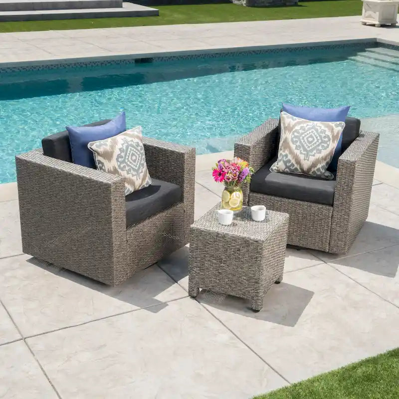 3-Piece Wicker Swivel Chat Set 2 Club Chairs 1 Table with Cushions for 2 People