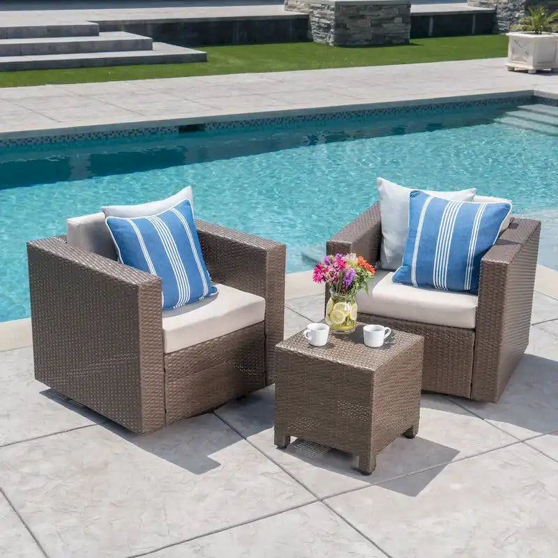 3-Piece Wicker Swivel Chat Set 2 Club Chairs 1 Table with Cushions for 2 People