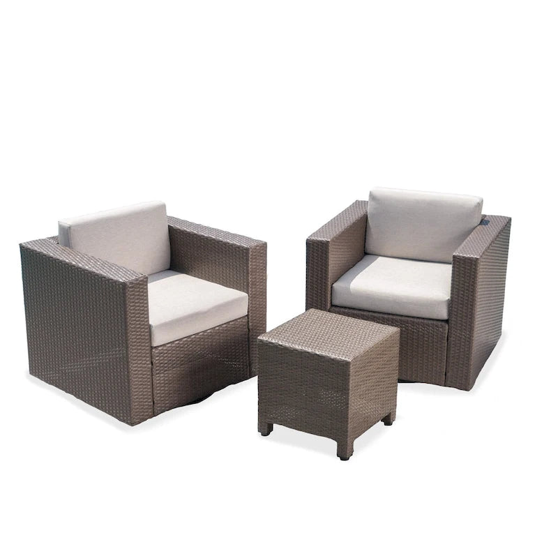 3-Piece Wicker Swivel Chat Set 2 Club Chairs 1 Table with Cushions for 2 People