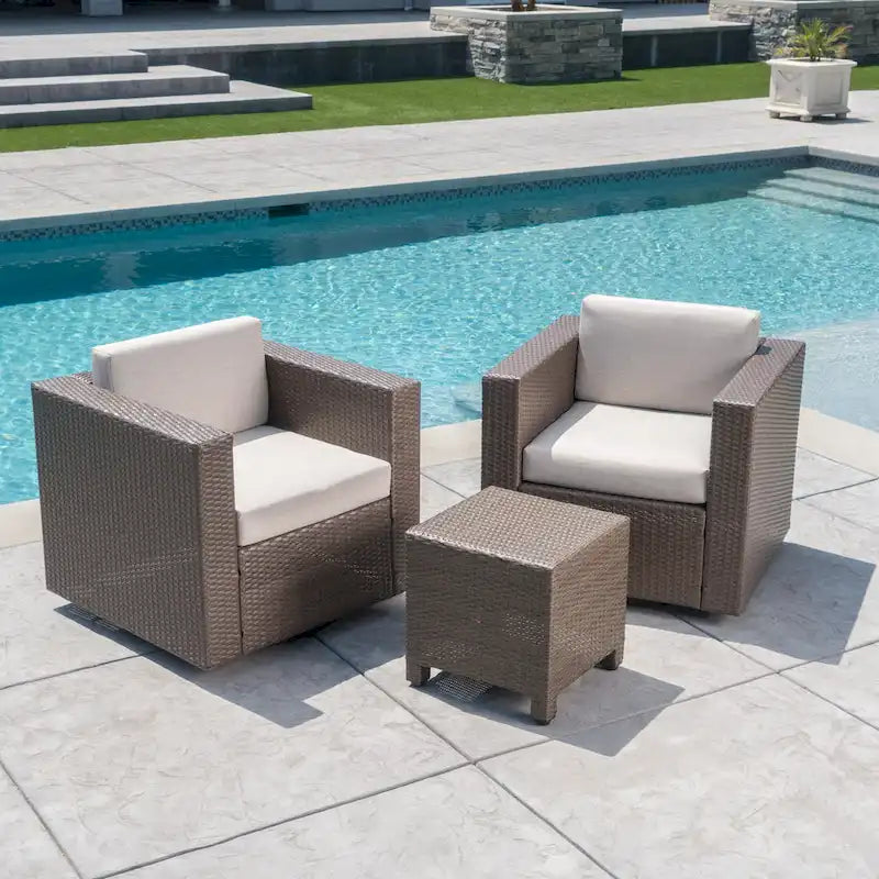 3-Piece Wicker Swivel Chat Set 2 Club Chairs 1 Table with Cushions for 2 People