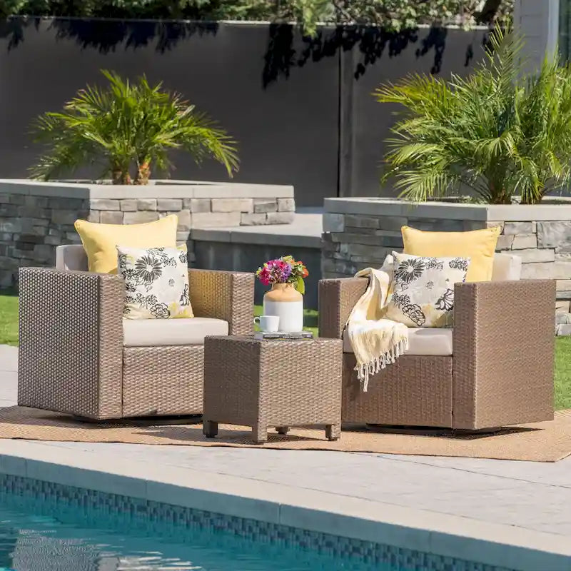 3-Piece Wicker Swivel Chat Set 2 Club Chairs 1 Table with Cushions for 2 People