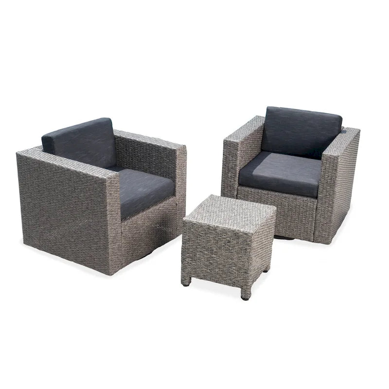 3-Piece Wicker Swivel Chat Set 2 Club Chairs 1 Table with Cushions for 2 People
