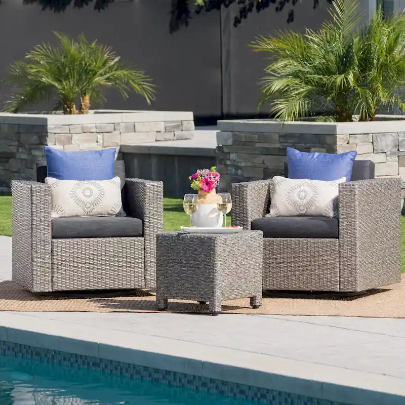3-Piece Wicker Swivel Chat Set 2 Club Chairs 1 Table with Cushions for 2 People