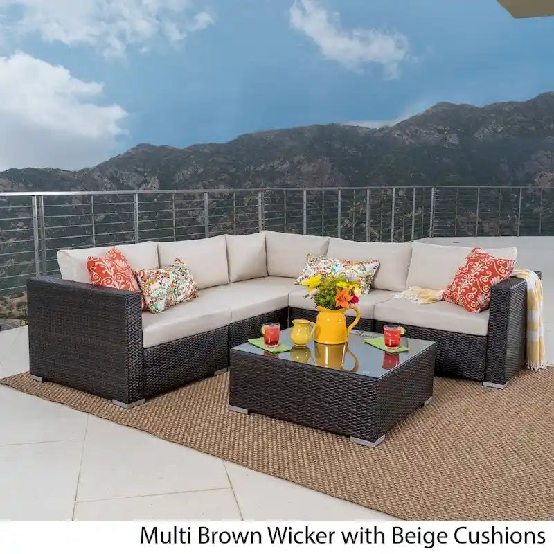 6-Piece PE Wicker Sectional Set with Cushions 1 Corner 2 Armless 2 Armchairs 1 Table