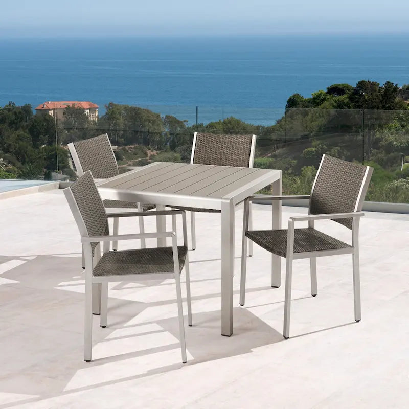 5-Piece Patio Dining Set for 4 People Gray Faux Wood Table Wicker Chairs