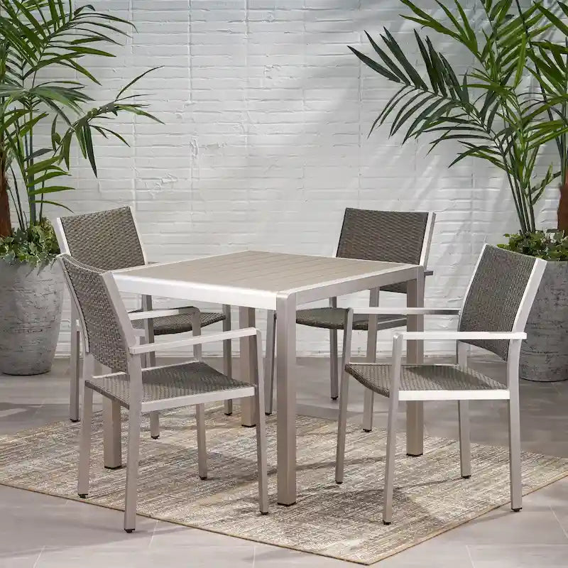 5-Piece Patio Dining Set for 4 People Gray Faux Wood Table Wicker Chairs