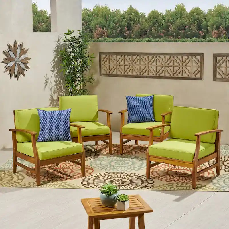 4-Piece Acacia Wood Club Chair Set Gray Frame with Cushions for 4 People