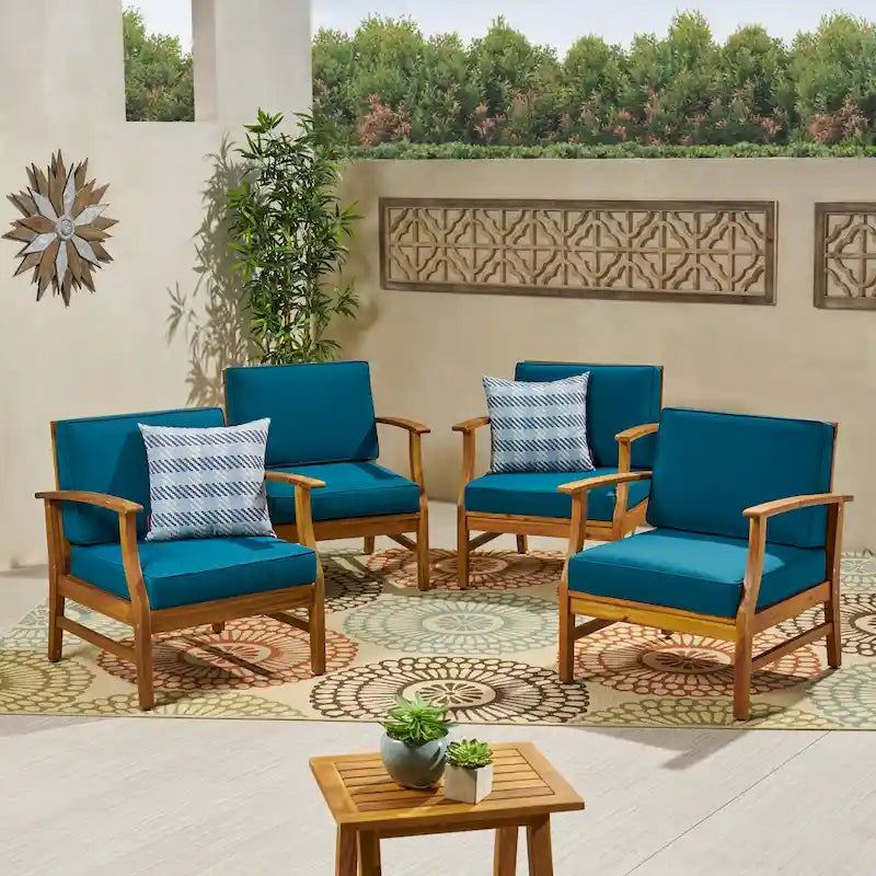 4-Piece Acacia Wood Club Chair Set Gray Frame with Cushions for 4 People
