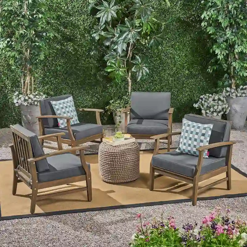 4-Piece Acacia Wood Club Chair Set Gray Frame with Cushions for 4 People
