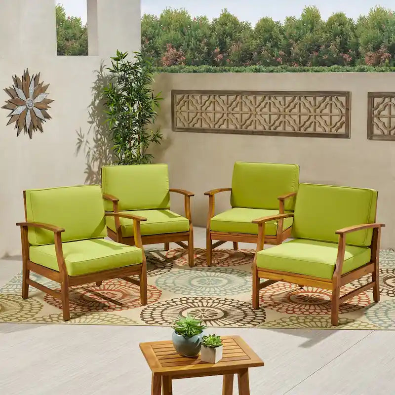 4-Piece Acacia Wood Club Chair Set Gray Frame with Cushions for 4 People