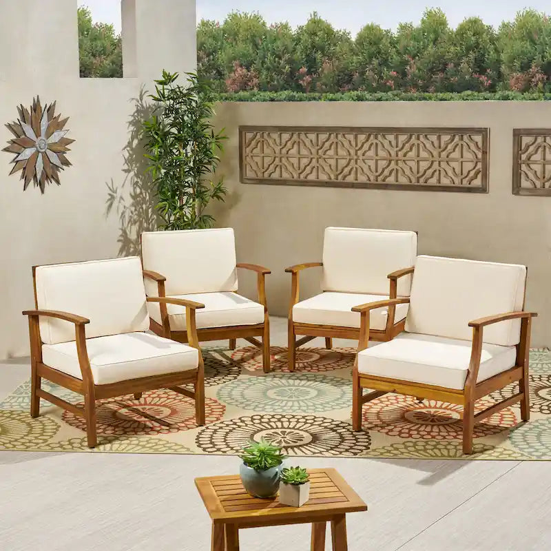 4-Piece Acacia Wood Club Chair Set Gray Frame with Cushions for 4 People