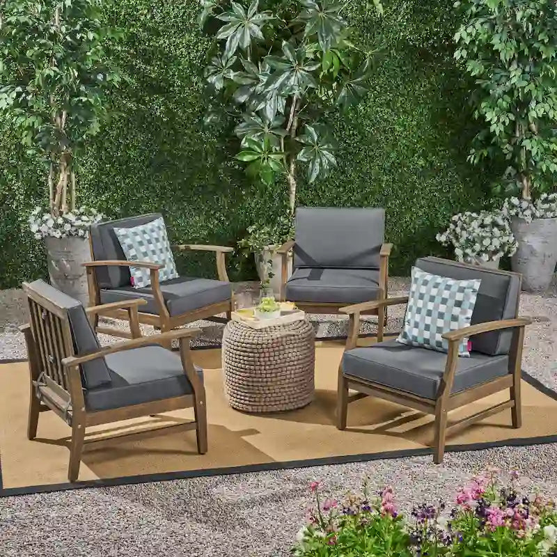 4-Piece Acacia Wood Club Chair Set Gray Frame with Cushions for 4 People