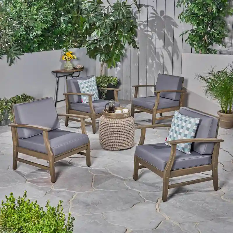 4-Piece Acacia Wood Club Chair Set Gray Frame with Cushions for 4 People