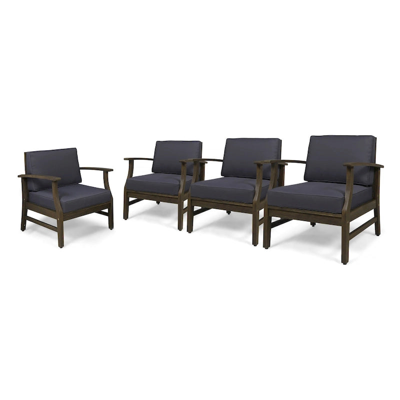 4-Piece Acacia Wood Club Chair Set Gray Frame with Cushions for 4 People