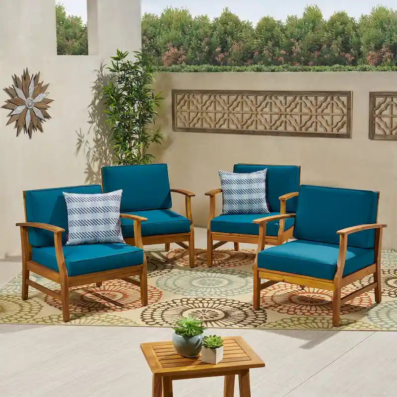 4-Piece Acacia Wood Club Chair Set Gray Frame with Cushions for 4 People