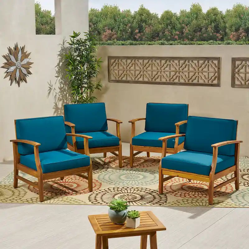4-Piece Acacia Wood Club Chair Set Gray Frame with Cushions for 4 People