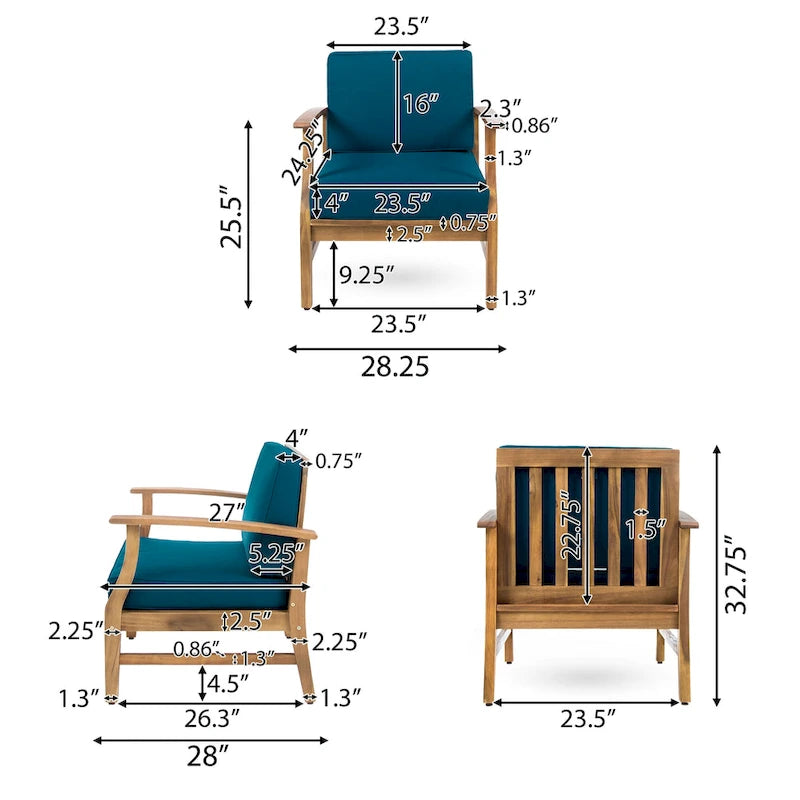 4-Piece Acacia Wood Club Chair Set Gray Frame with Cushions for 4 People