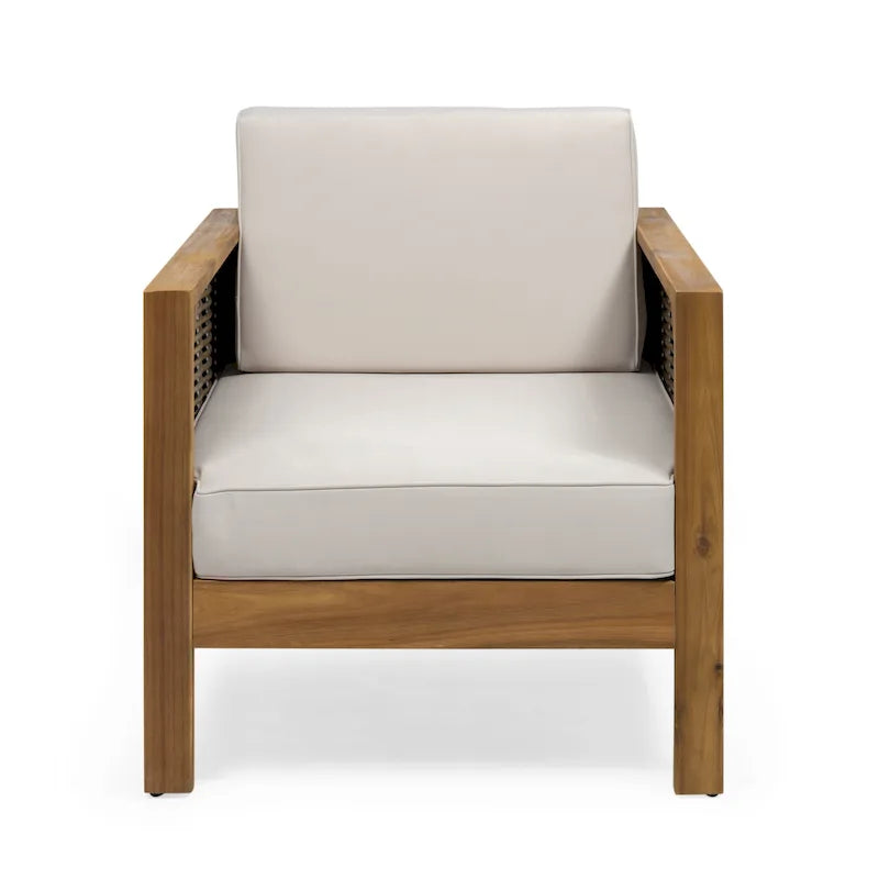Acacia Wood and Wicker Club Chair with Cushion Slatted Design Weather-Resistant