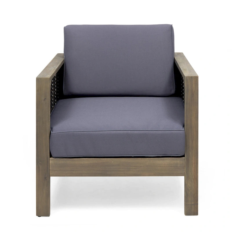 Acacia Wood and Wicker Club Chair with Cushion Slatted Design Weather-Resistant