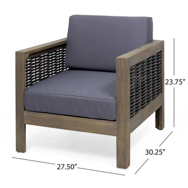 Acacia Wood and Wicker Club Chair with Cushion Slatted Design Weather-Resistant