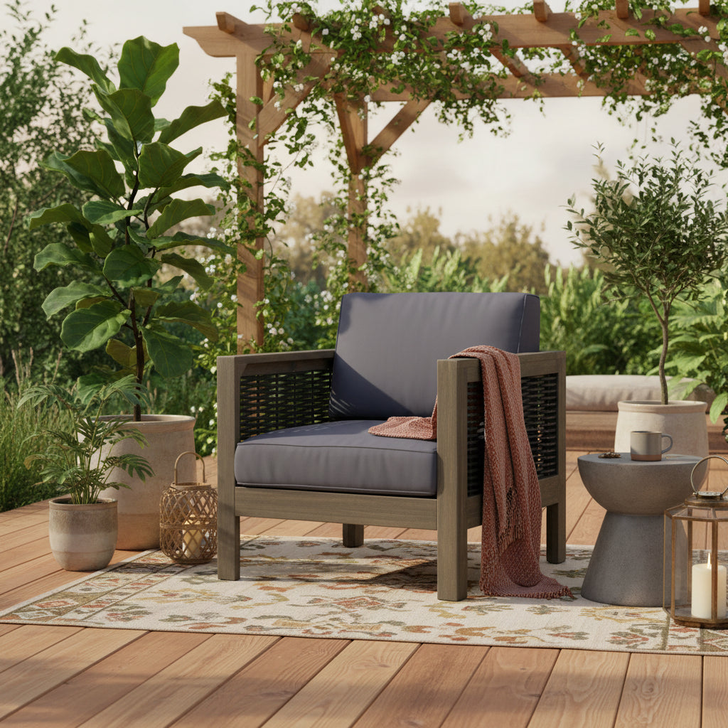 Acacia Wood and Wicker Club Chair with Cushion Slatted Design Weather-Resistant